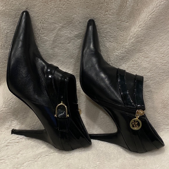 Lauren Ralph Lauren Ahava Black Leather Pointy Shoe Booties Ankle Boots Sz 8 VGC - Picture 5 of 12